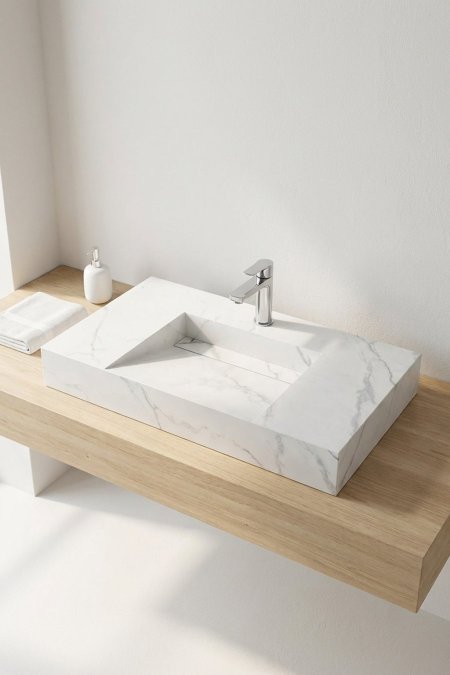 مغسلة رخام أبيض بعروق رمادية – فوق سطح